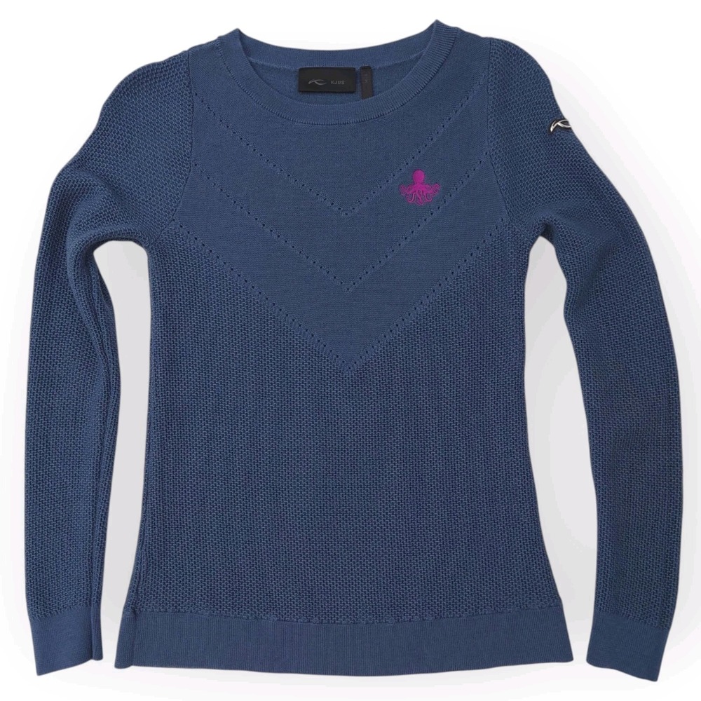 KJUS Surrey Sweater Womens 36 Small Wool Blend Blue Crew Neck Waffle Knit